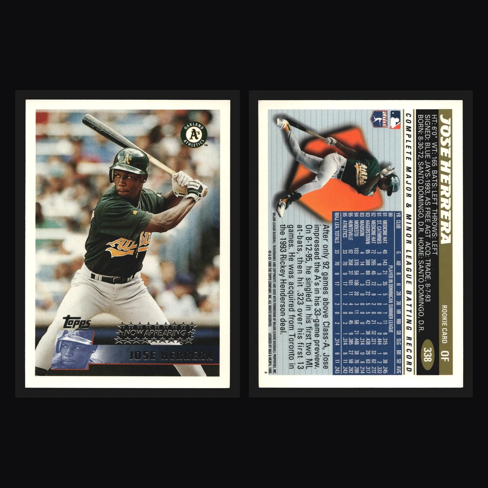 1996 Topps #338 Jose Herrera Oakland Athletics RC - Baseball Card Single