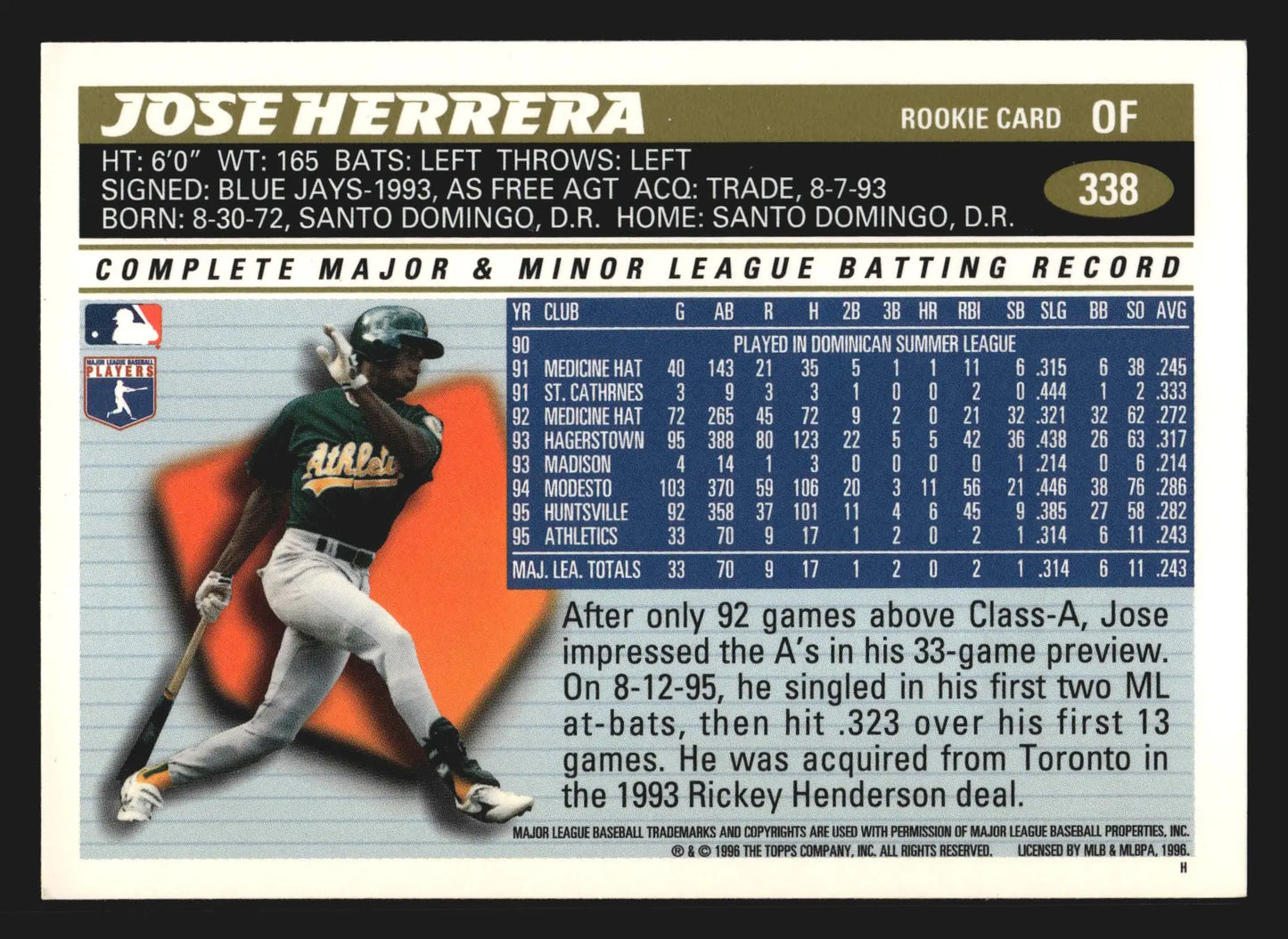 1996 Topps #338 Jose Herrera Oakland Athletics RC - Baseball Card Single