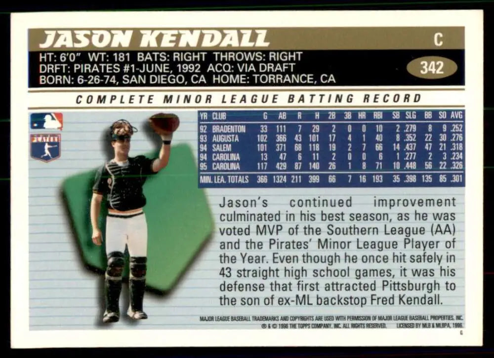 1996 Topps #342 Jason Kendall NM-MT Pittsburgh Pirates Baseball Card - Baseball Card Single