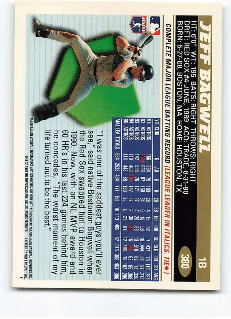 1996 Topps #380 Jeff Bagwell NM-MT Houston Astros Baseball Card - Baseball Card Single