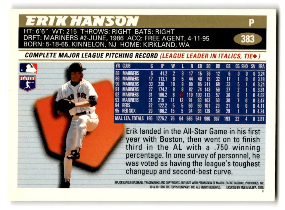 1996 Topps #383 Erik Hanson NM-MT Boston Red Sox Baseball Card - Baseball Card Single