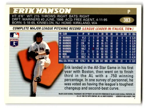 Back of 1996 Topps Erik Hanson Red Sox baseball card with original gloss