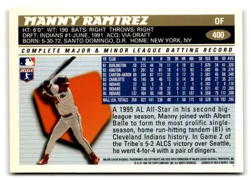 1996 Topps #400 Manny Ramirez NM-MT Indians ID:81217 - Baseball Card Single
