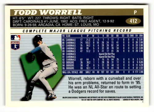 1996 Topps #412 Todd Worrell NM - Baseball Card Single