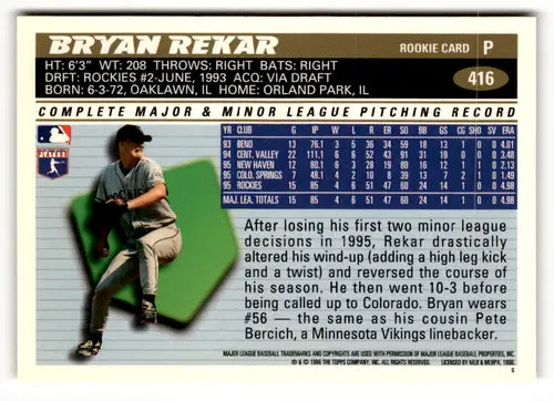 1996 Topps #416 Bryan Rekar NM - Baseball Card Single