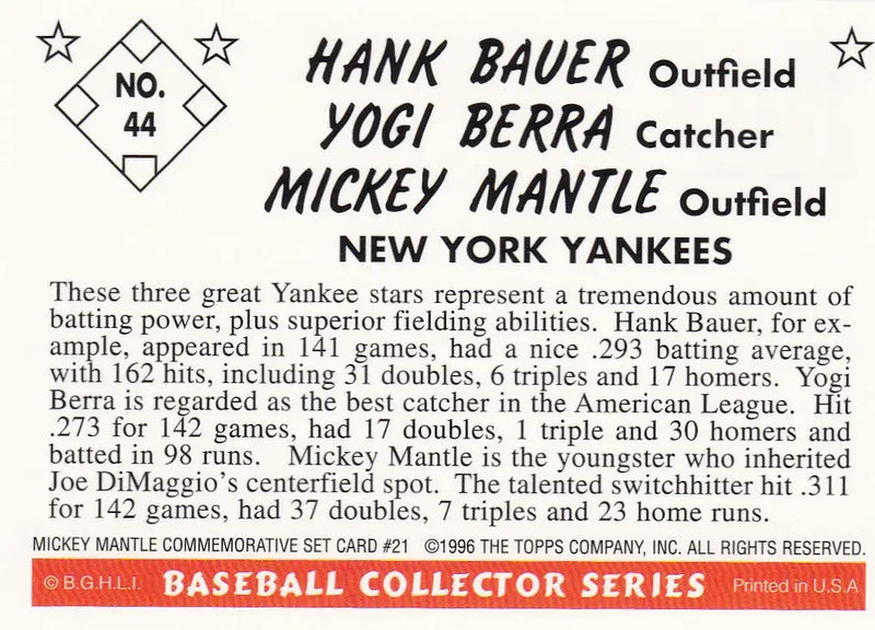 1996 TOPPS #44 MICKEY MANTLE HANK BAUER YOGI BERRA- NEW YORK YANKEES - Baseball Card Single