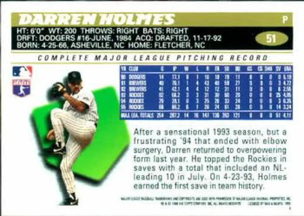 1996 Topps #51 Darren Holmes NM-MT Colorado Rockies Baseball Card - Baseball Card Single