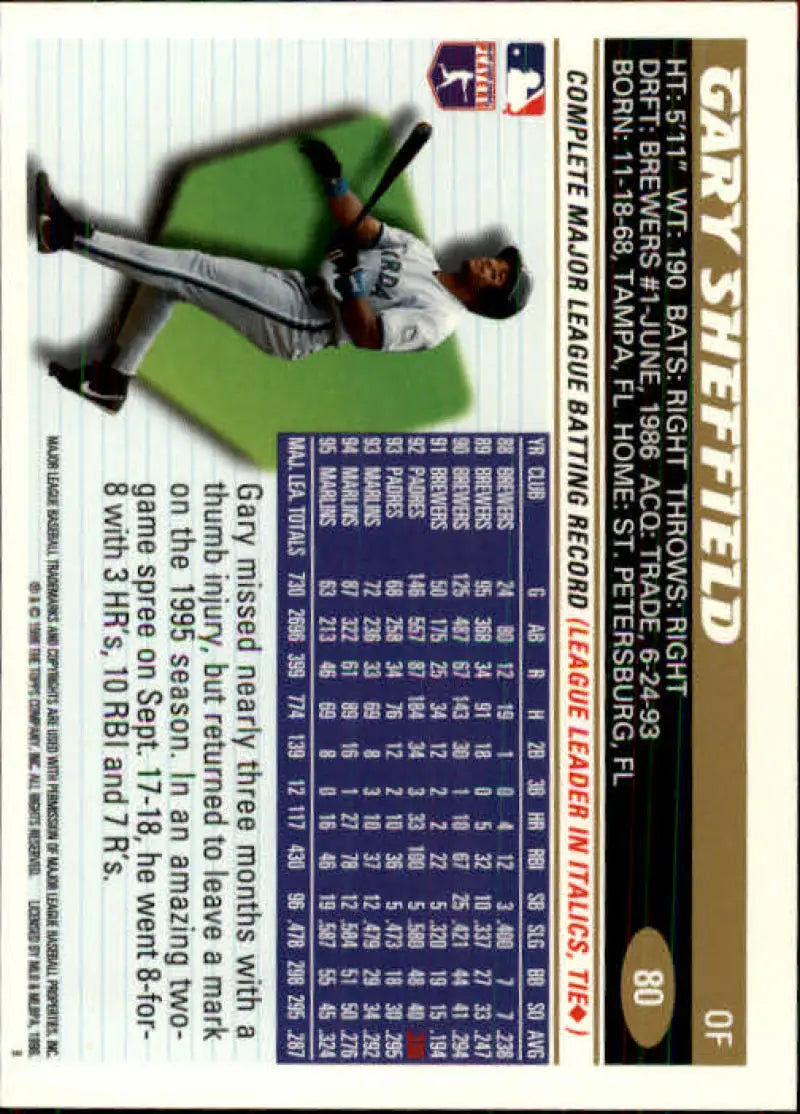 1996 Topps #80 Gary Sheffield NM-MT Florida Marlins Baseball Card - Baseball Card Single