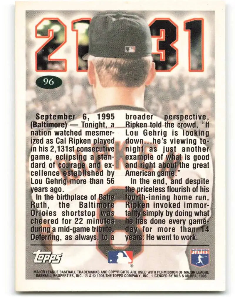 1996 Topps #96 Cal Ripken Jr. NM-MT Baltimore Orioles Baseball Card - Baseball Card Single