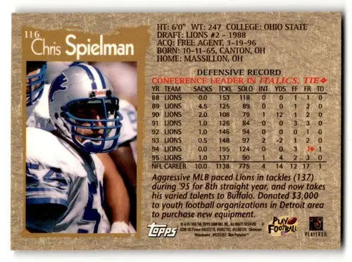Back of 1996 Topps Chrome Chris Spielman Buffalo Bills football card showing original gloss