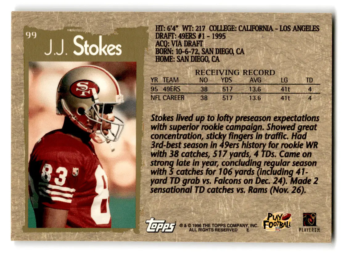 1996 Topps J.J. Stokes #99 Base Set San Francisco 49ers - Football Card Single