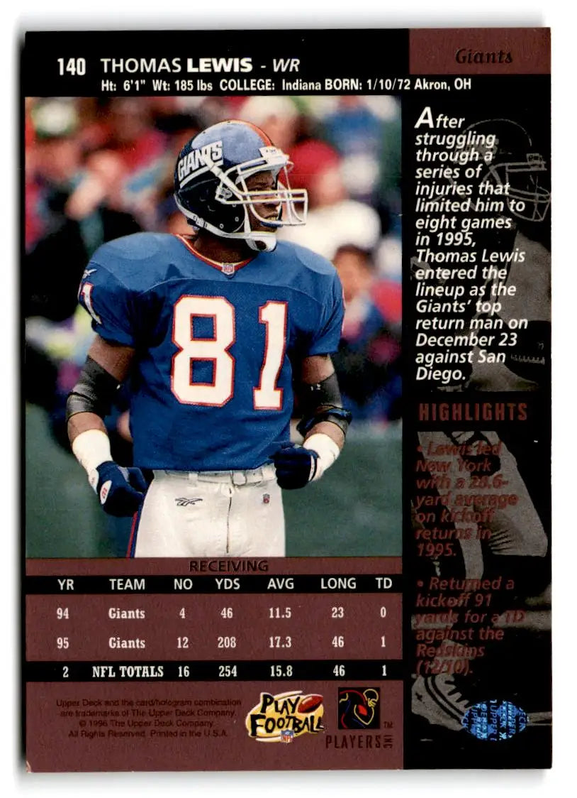 1996 Upper Deck #140 Thomas Lewis - Football Card Single
