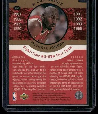 Michael Jordan basketball trading card from 1996 Upper Deck A Cut Above CA3 series