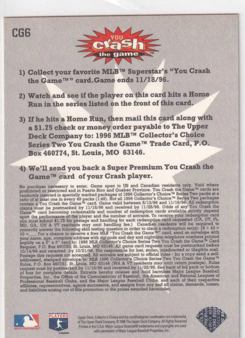 1996 UPPER DECK #CG6 MO VAUGHN YOU CRASH THE GAME- BOSTON RED SOX