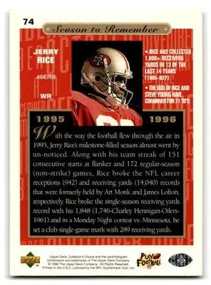 1996 Upper Deck Football Collector’s Choice Jerry Rice #74 San Francisco 49ers - Football Card Single
