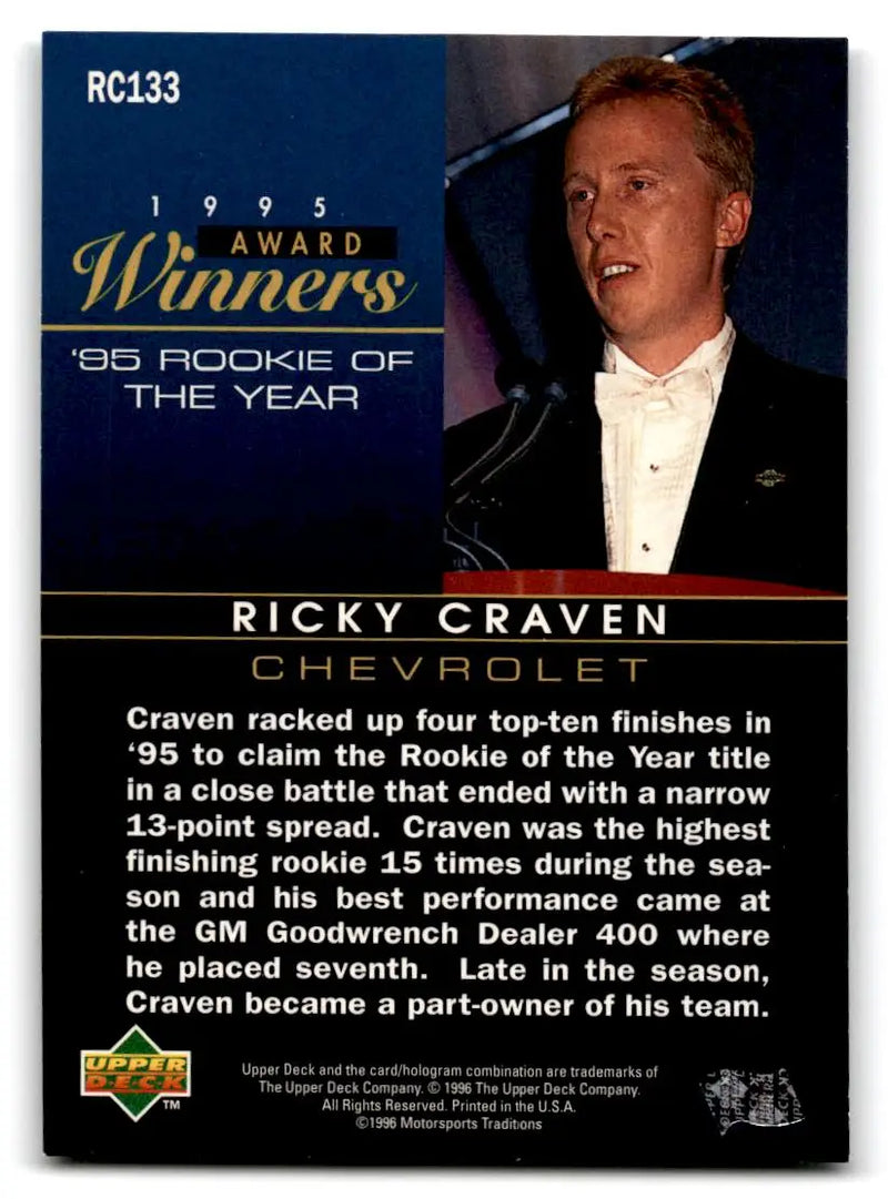 1996 Upper Deck Road to the Cup #RC133 Ricky Craven Horizontal photo on front - Racing Card Single
