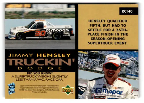 1996 Upper Deck Road to the Cup RC140 Jimmy Hensley racing card near mint