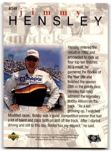 Original gloss 1996 Upper Deck Road to the Cup RC149 Jimmy Hensley trading card