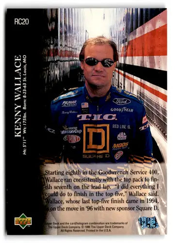 Original gloss RC20 Kenny Wallace racing card from 1996 Upper Deck Road to the Cup