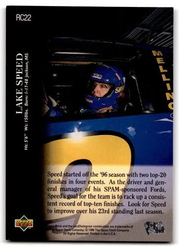 Original gloss RC22 Lake Speed trading card from 1996 Upper Deck Road to the Cup