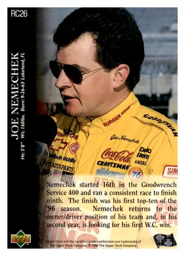 Joe Nemechek trading card from 1996 Upper Deck Road to the Cup RC26