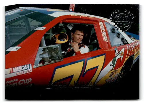 Red and yellow race car from 1996 Upper Deck Road to the Cup RC34 Bobby Hillin card