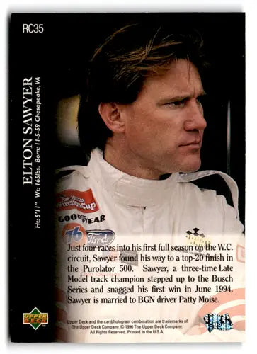 Original gloss RC35 Elton Sawyer racing card from 1996 Upper Deck Road to the Cup