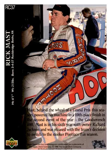 Original gloss RC37 Rick Mast racing card from 1996 Upper Deck Road to the Cup