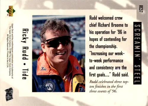 Original gloss RC57 Ricky Rudd trading card from 1996 Upper Deck Road to the Cup