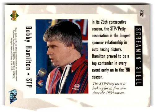 Upper Deck Road to the Cup RC62 Bobby Hamilton trading card in near mint condition