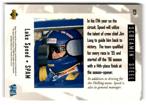 Lake Speed trading card from 1996 Upper Deck Road to the Cup series in near mint condition