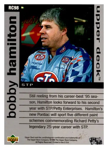 Original gloss trading card of Bobby Hamilton from 1996 Upper Deck Road to the Cup RC98