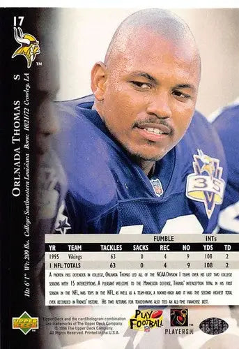 1996 Upper Deck Silver #17 Orlando Thomas NM-MT Vikings ID:79595 - Football Card Single