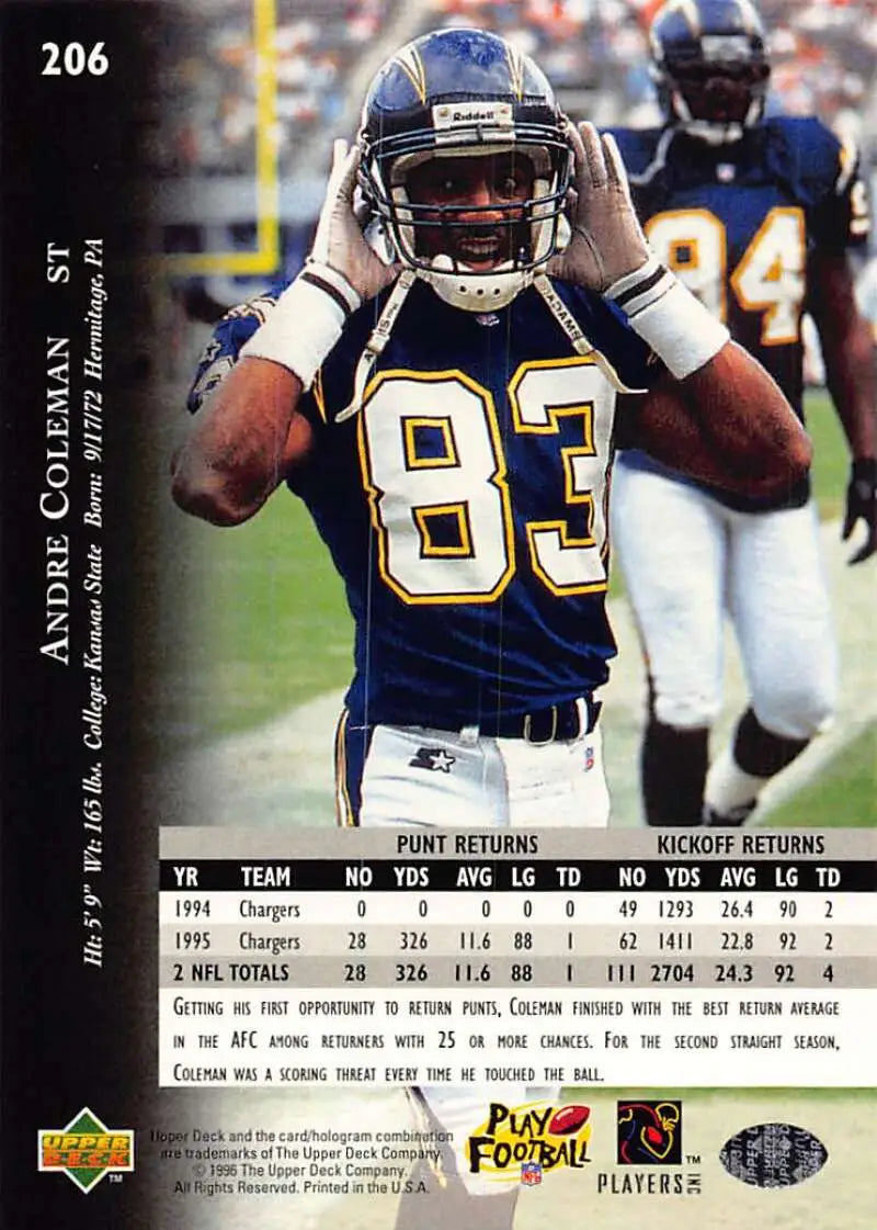 1996 Upper Deck Silver #206 Andre Coleman NM-MT Chargers ID:79781 - Football Card Single
