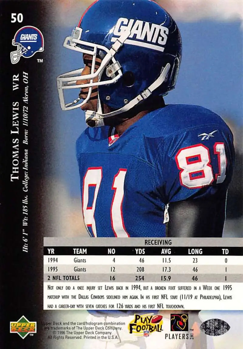 1996 Upper Deck Silver #50 Thomas Lewis NM-MT NY Giants ID:79628 - Football Card Single