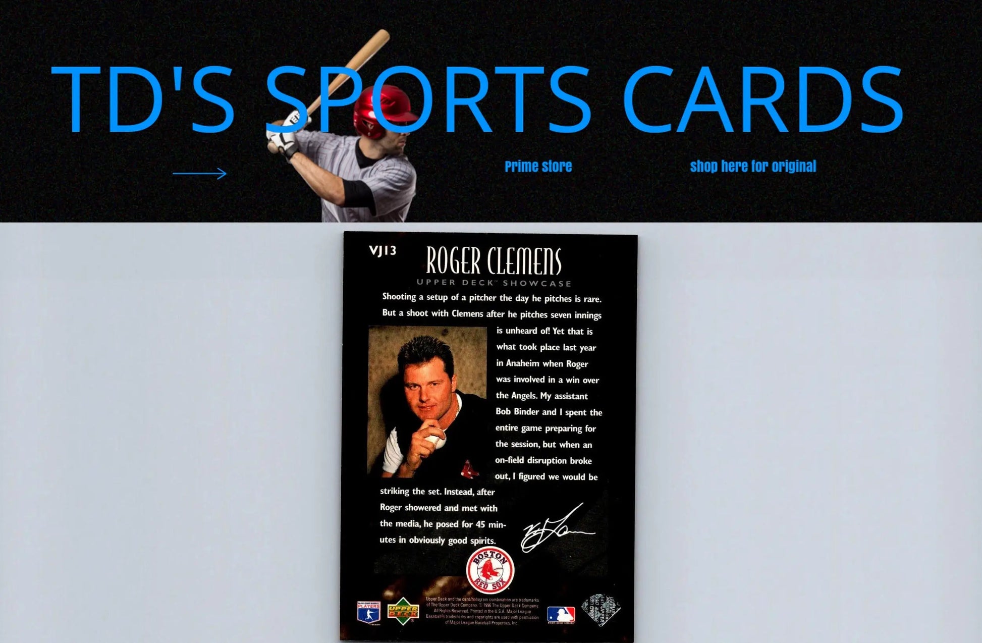 1996 Upper Deck VJ13 Roger Clemens baseball card from V.J. Lovero Collection