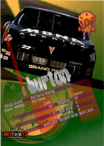 Original gloss Ward Burton racing card from Wheels Viper 1996 Wheels Viper series