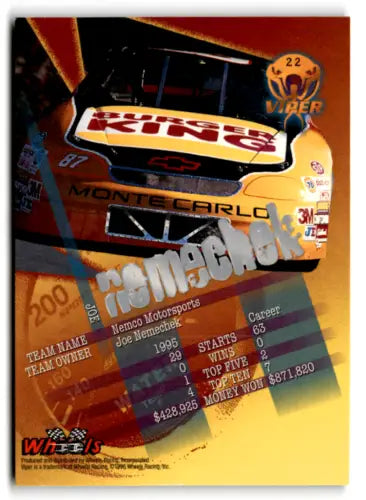 Original gloss Wheels Viper Joe Nemechek racing card in Near Mint condition