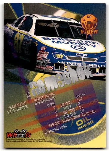 Original gloss Wheels Viper racing card of Joe Nemechek from 1996 First Strike series