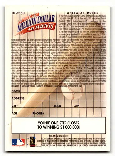 1997-98 Fleer Million Dollar Moments #10 Chipper Jones NM-MT Braves RDM ID:58462 - Baseball Card Single