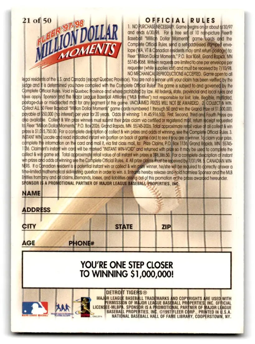 1997-98 Fleer Million Dollar Moments #21 Al Kaline - Baseball Card Single