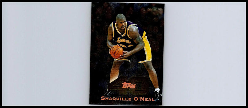 Shaquille O’Neal trading card from the 1997-98 Topps series featuring iconic design