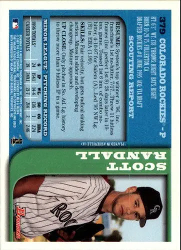 Original gloss of 1997 Bowman Scott Randall rookie baseball card back