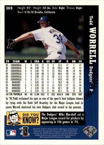 Original gloss baseball card back of Todd Worrell NM-MT from 1997 Collector’s Choice