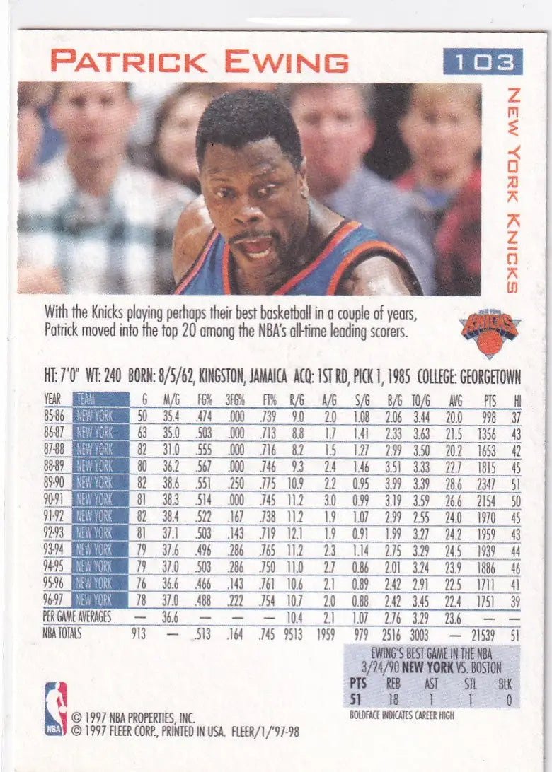 1997 FLEER #103 PATRICK EWING- NEW YORK KNICKS