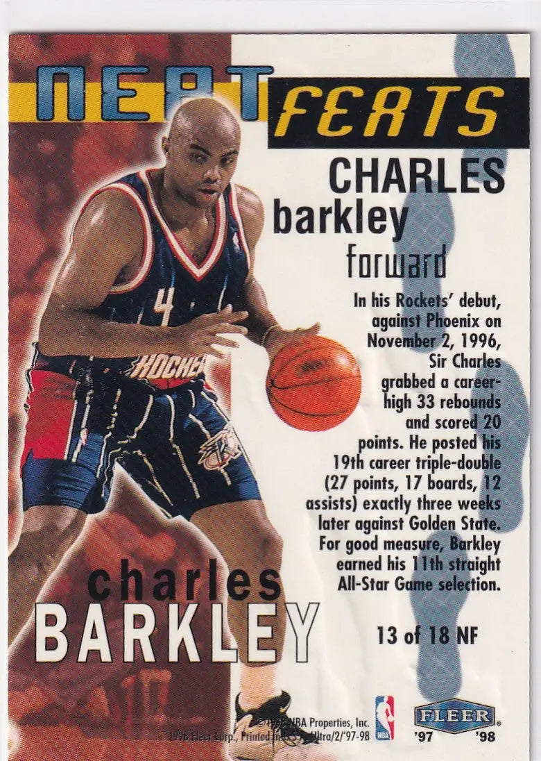 1997 FLEER #13 CHARLES BARKLEY NEAT FEATS- HOUSTON ROCKETS - Basketball Card Single