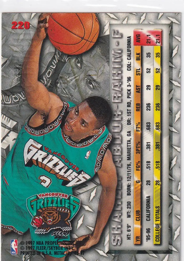 1997 FLEER METAL #220 SHAREEF ABDUR RAHIM- MEMPHIS GRIZZLIES - Basketball Card Single