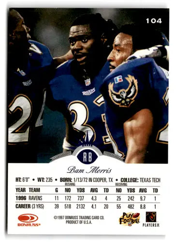 Bam Morris football card from 1997 Leaf featuring Byron Morris with original gloss and NM-MT grade