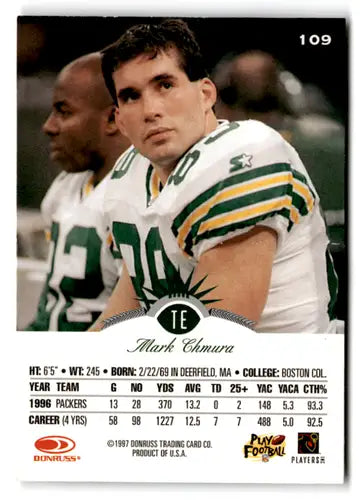 Original gloss Mark Chmura football card from 1997 Leaf Packers in near mint condition