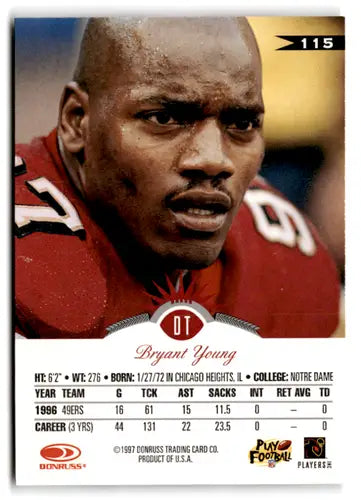 Bryant Young football card with original gloss from 1997 Leaf #115 NM-MT 49ers